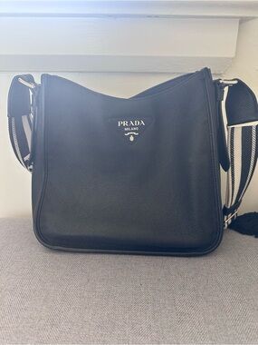 Prada Black Pebbled Leather Bag with Striped Strap